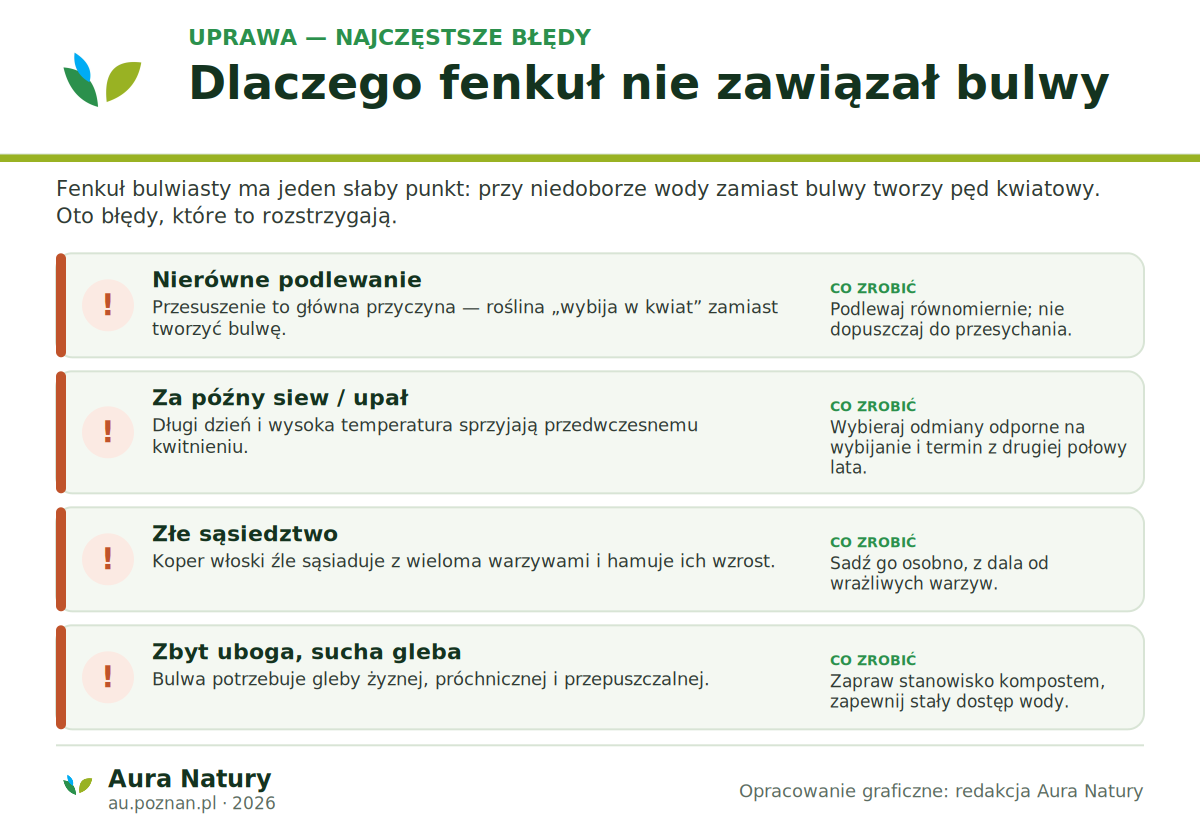 Najczęstsze błędy w uprawie fenkułu bulwiastego i ich skutki: nierówne podlewanie, za późny siew i upał, złe sąsiedztwo, uboga sucha gleba — z podpowiedziami, co zrobić