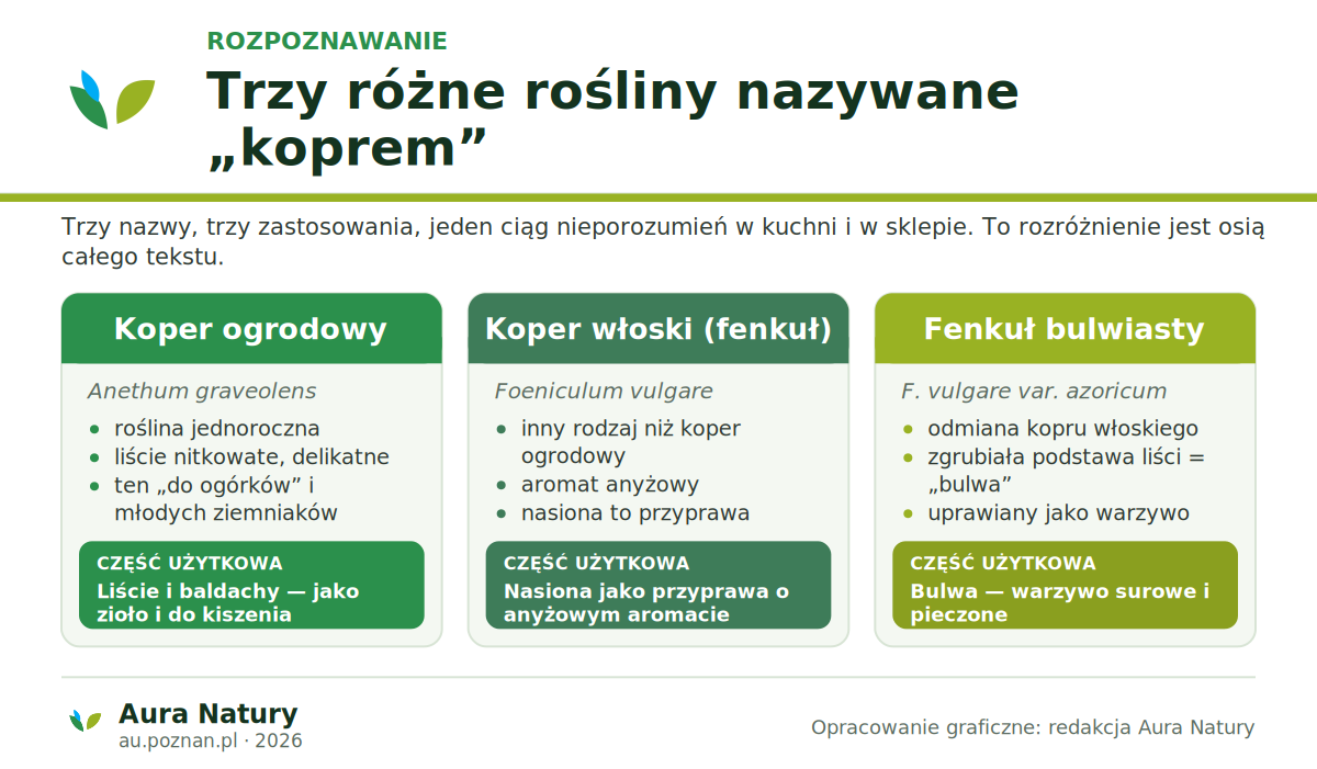 Porównanie trzech roślin nazywanych koprem: koper ogrodowy o nitkowatych liściach, koper włoski (fenkuł) o anyżowych nasionach oraz fenkuł bulwiasty uprawiany dla zgrubiałej bulwy