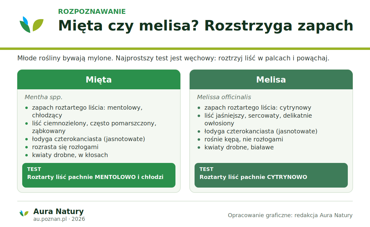 Porównanie mięty i melisy: mięta ma zapach mentolowy i chłodzący, melisa cytrynowy; obie należą do jasnotowatych, mięta rozrasta się rozłogami, melisa rośnie kępą