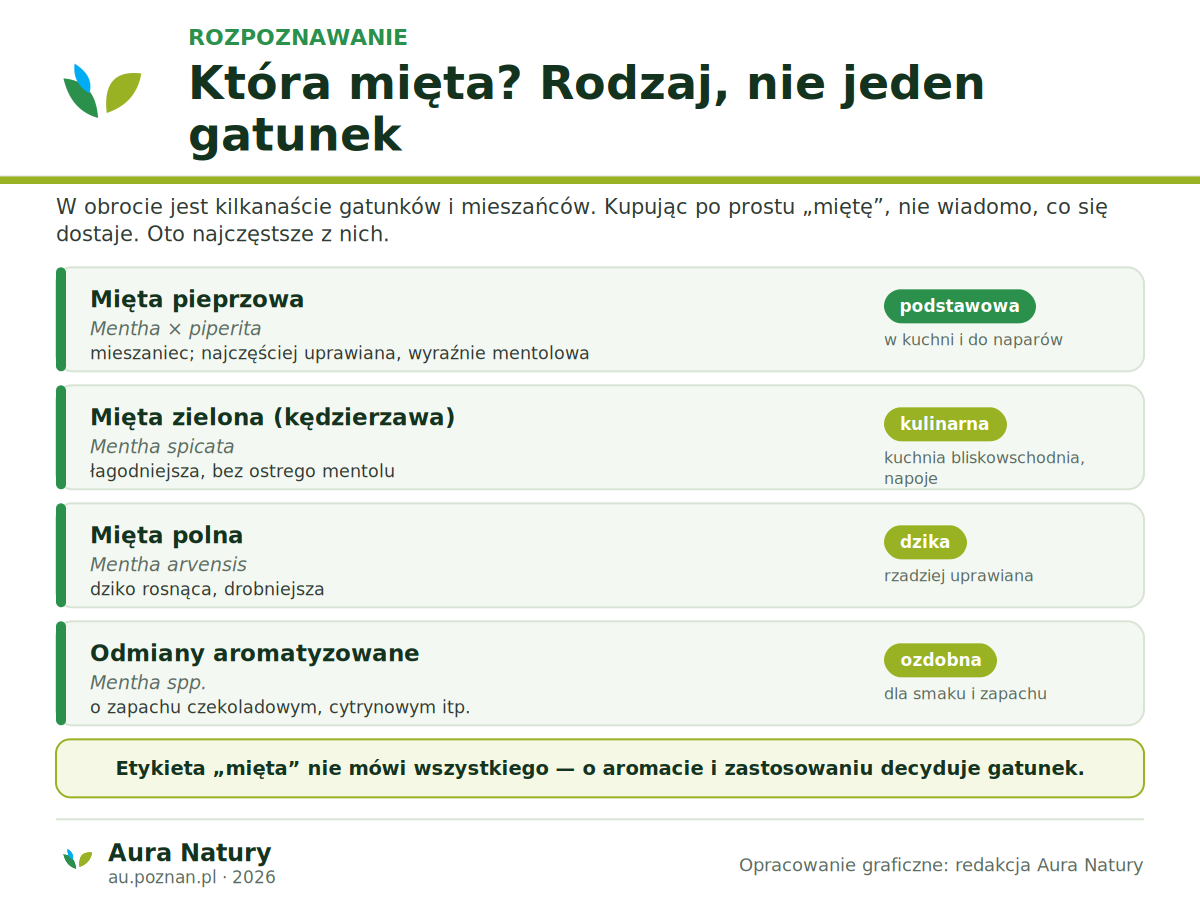 Gatunki i mieszańce mięty w obrocie: mięta pieprzowa jako najczęściej uprawiana i mentolowa, mięta zielona łagodniejsza, mięta polna dziko rosnąca oraz odmiany o aromacie czekoladowym i cytrynowym