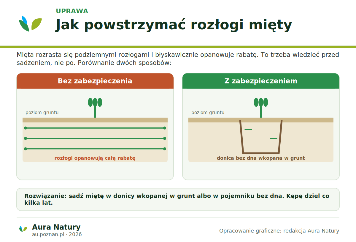 Przekrój grządki pokazujący, jak mięta rozrasta się rozłogami: bez zabezpieczenia rozłogi opanowują całą rabatę, a z donicą bez dna wkopaną w grunt pozostają ograniczone
