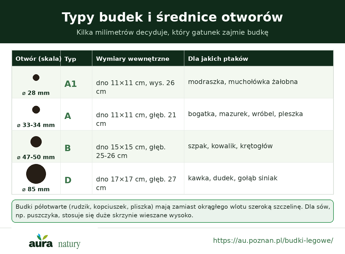 Typy budek lęgowych A1, A, B, D ze średnicami otworów w skali i przypisanymi gatunkami