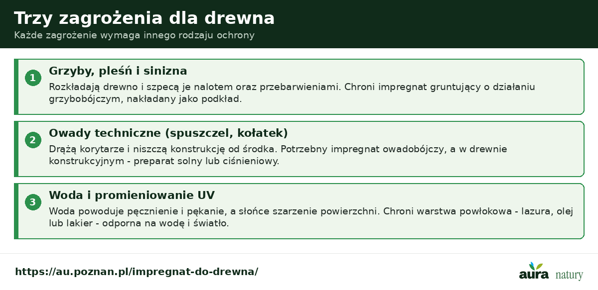 Trzy zagrożenia dla drewna - grzyby i pleśń chroni impregnat gruntujący biobójczy, owady techniczne impregnat owadobójczy, wodę i UV warstwa powłokowa lazura olej lub lakier