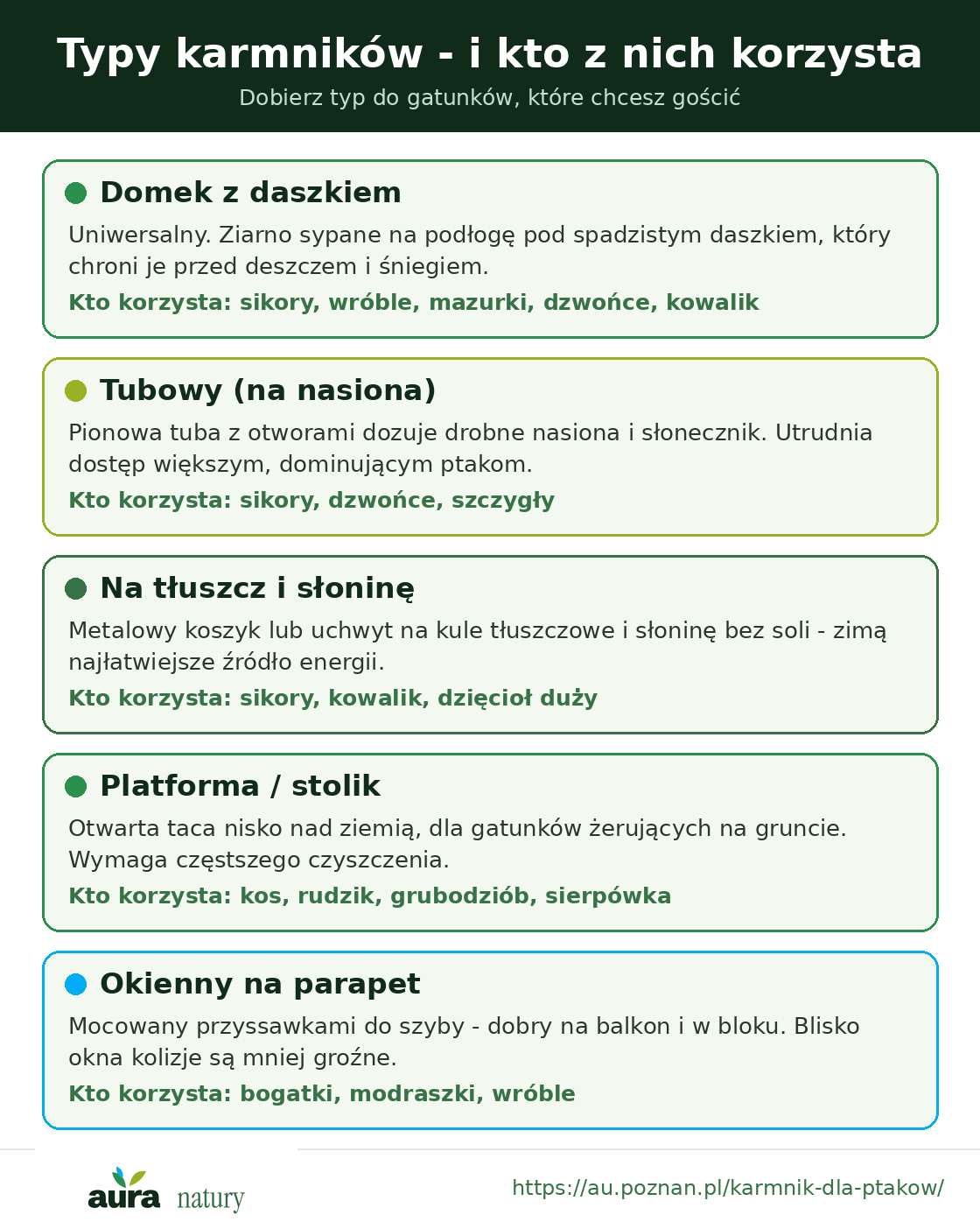 Typy karmników dla ptaków i gatunki, które z nich korzystają: domek, tubowy, na tłuszcz, platforma i okienny