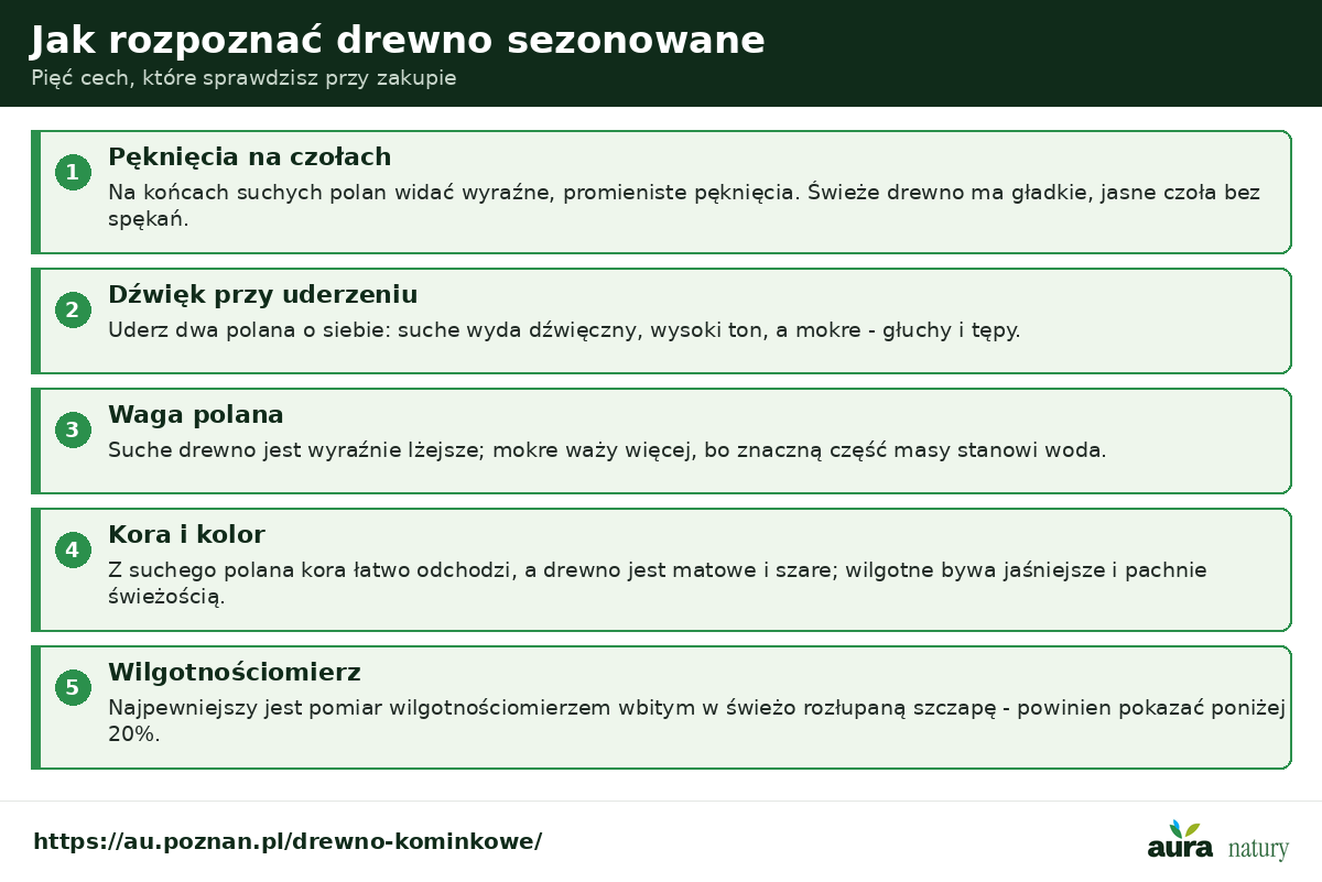 Jak rozpoznać drewno sezonowane - pęknięcia na czołach, dźwięczny ton przy uderzeniu polan, mniejsza waga, odchodząca kora i szary kolor, pomiar wilgotnościomierzem poniżej 20 procent