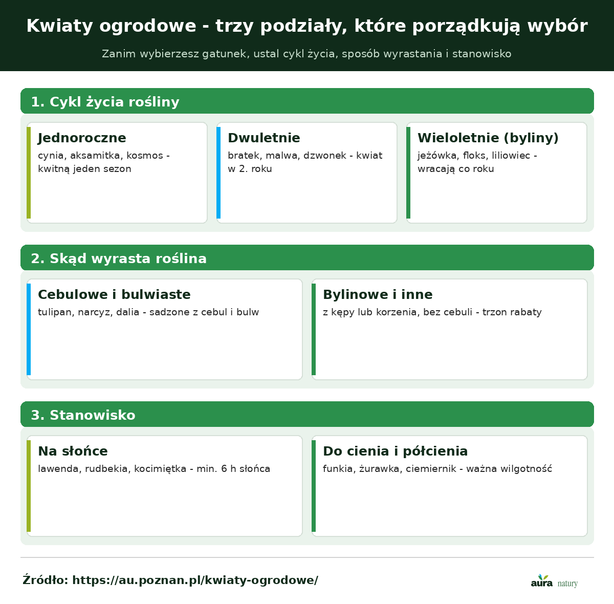 Trzy podziały kwiatów ogrodowych - jednoroczne, dwuletnie i wieloletnie; cebulowe i bylinowe; na słońce i do cienia z przykładami gatunków