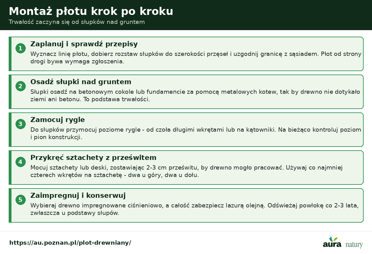 Montaż płotu drewnianego krok po kroku - planowanie i przepisy, osadzenie słupków na kotwach nad gruntem, mocowanie rygli, przykręcanie sztachet z prześwitem i impregnacja