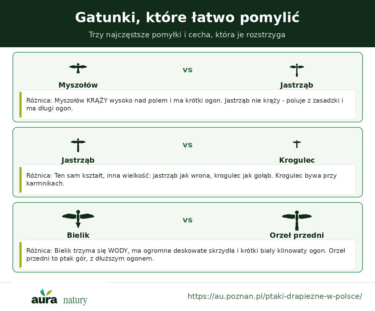 Gatunki ptaków drapieżnych, które łatwo pomylić: myszołów i jastrząb, jastrząb i krogulec, bielik i orzeł przedni