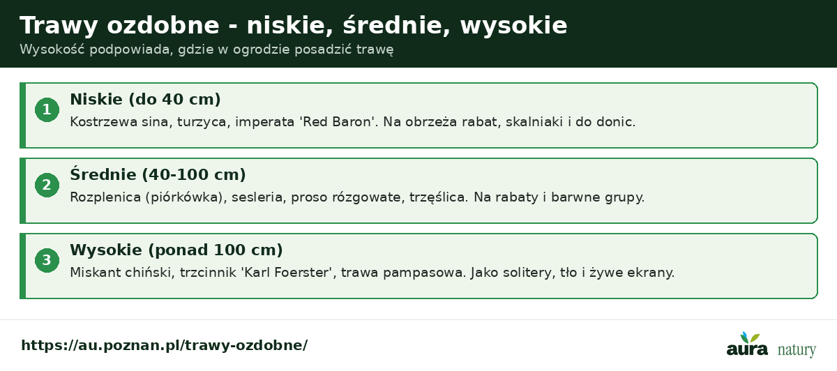 Trawy ozdobne niskie, średnie i wysokie - niskie kostrzewa i turzyca na obrzeża, średnie rozplenica i proso na rabaty, wysokie miskant i trzcinnik jako solitery