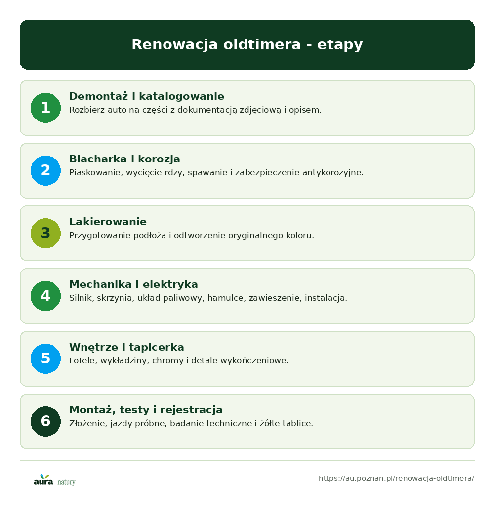 Etapy renowacji oldtimera: demontaż i katalogowanie, blacharka i korozja, lakierowanie, mechanika i elektryka, wnętrze, montaż i testy - infografika Aura Natury