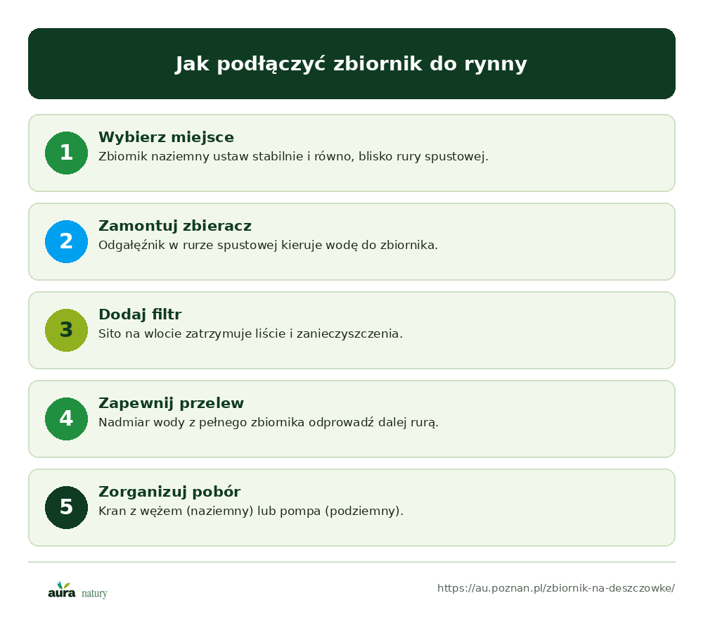 Jak podłączyć zbiornik na deszczówkę do rynny: wybór miejsca, zbieracz w rurze spustowej, filtr, przelew nadmiaru, pobór wody - infografika Aura Natury