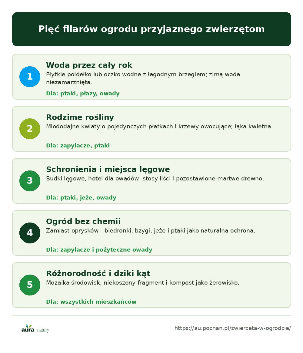 Pięć filarów ogrodu przyjaznego zwierzętom: woda, rodzime rośliny, schronienia, brak chemii i różnorodność - infografika Aura Natury